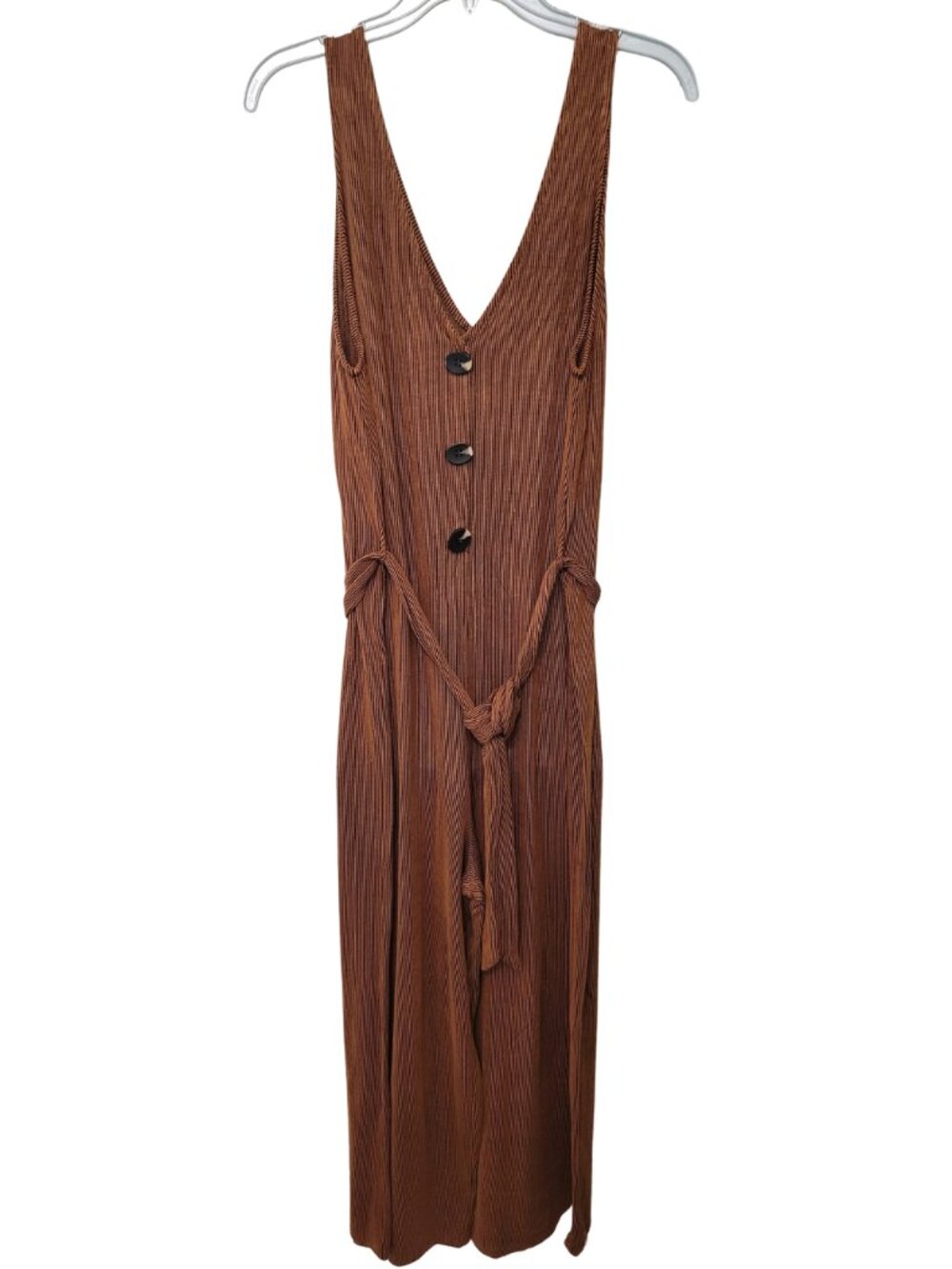 Ribbed wide-leg tie-waist jumpsuit - Cinnamon brown | Large